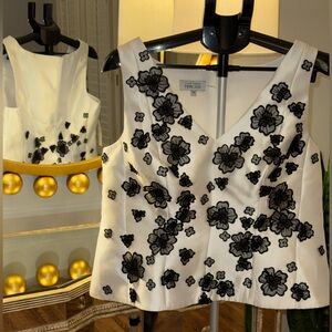 Teri Jon Rickie Freeman White Sleeves V-Neck Blouse With Black Floral Appliqués